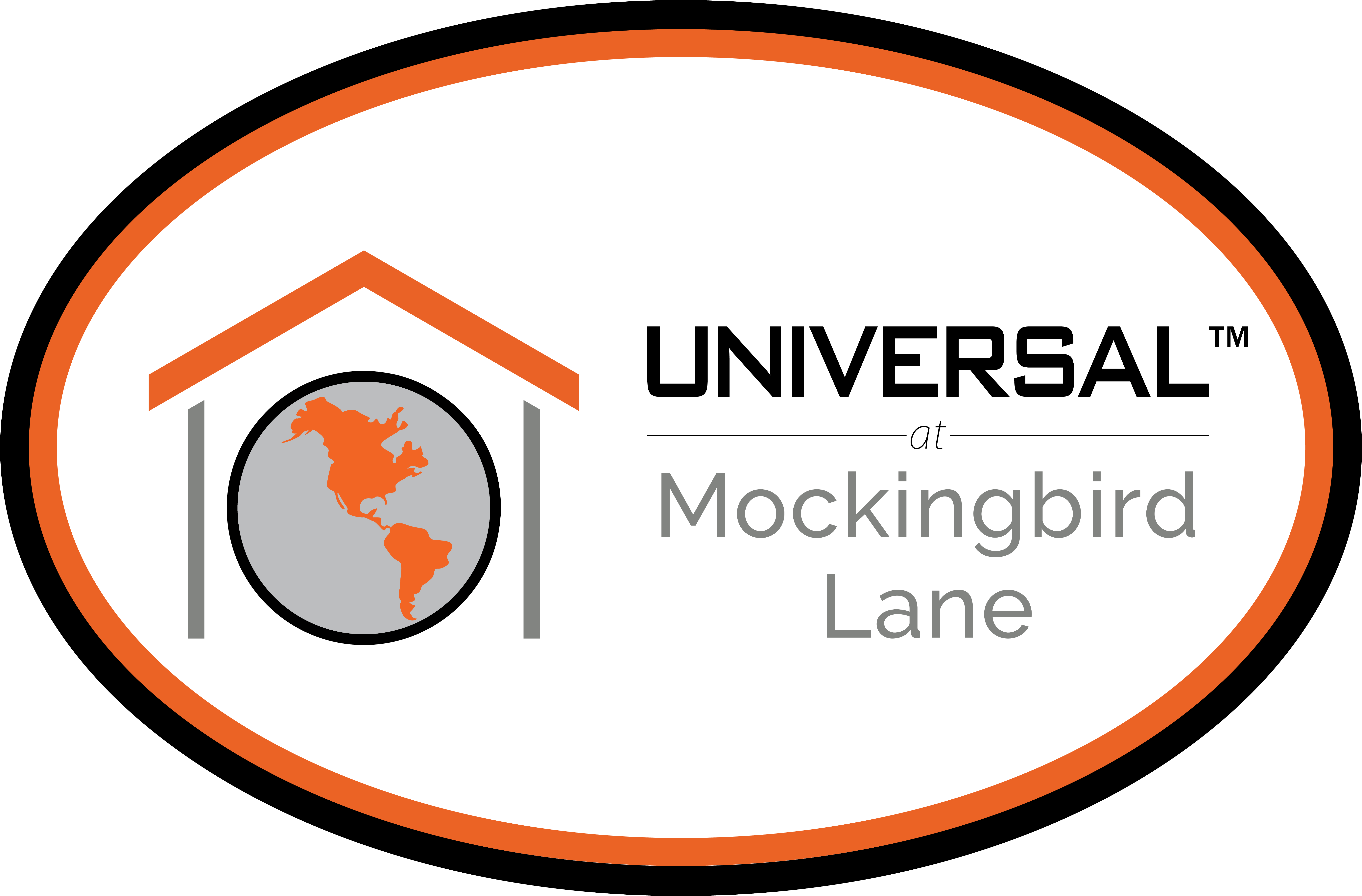 A logo with a house and a globe in the middle and the text UNIVERSAL at Mockingbird Lane.